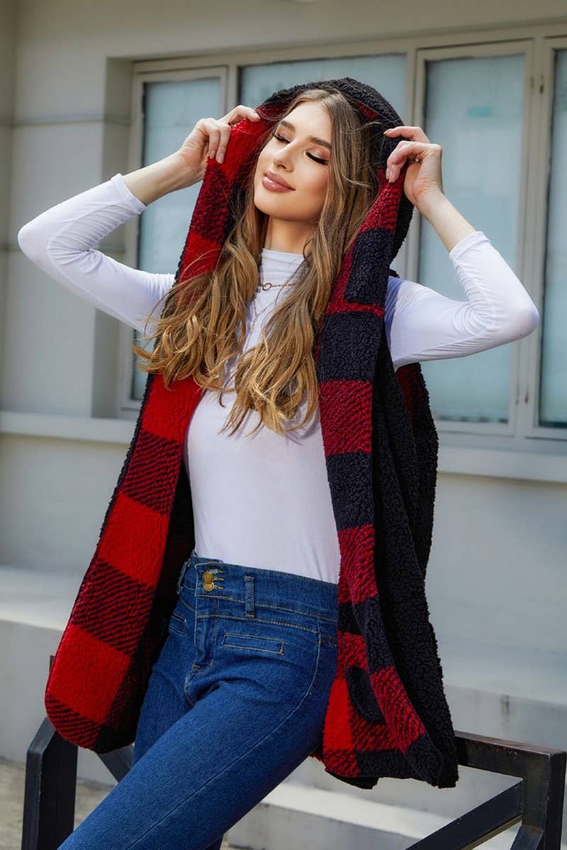 WOMEN FASHION UNBUTTONED PLAID PLUSH VEST_CWOV0086