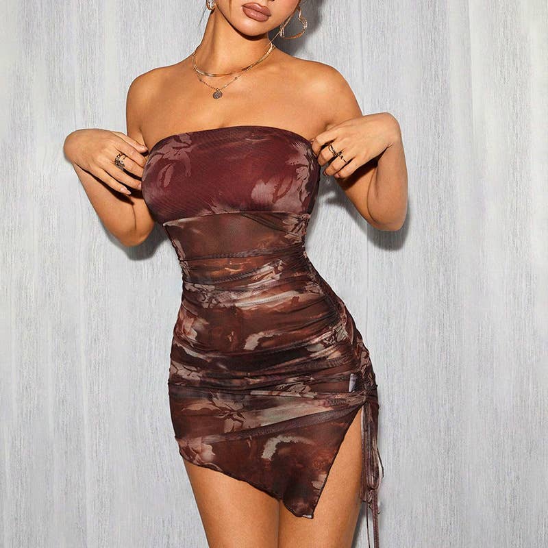 PRINTED PLEATED BODICE SLIM SPLIT SHORT DRESS