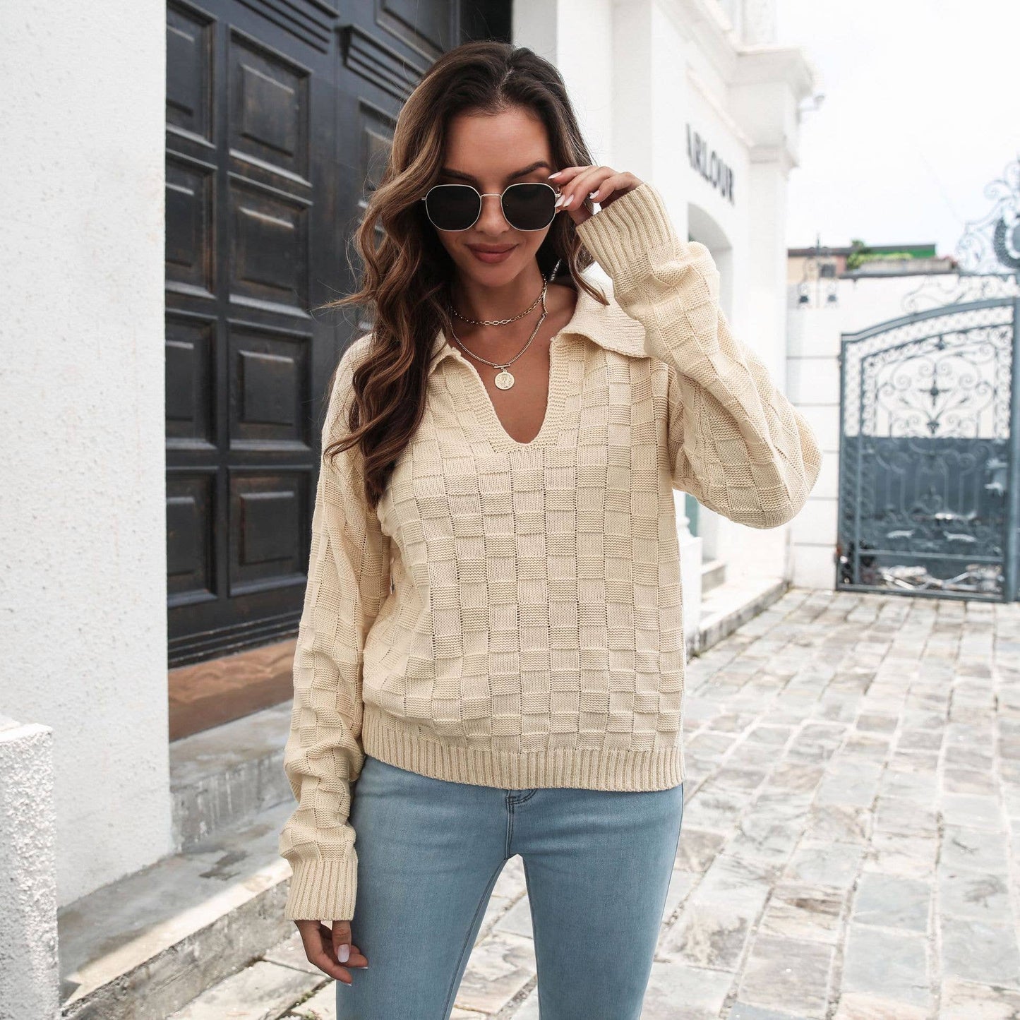 Stereoplaid lapel sweater women loose