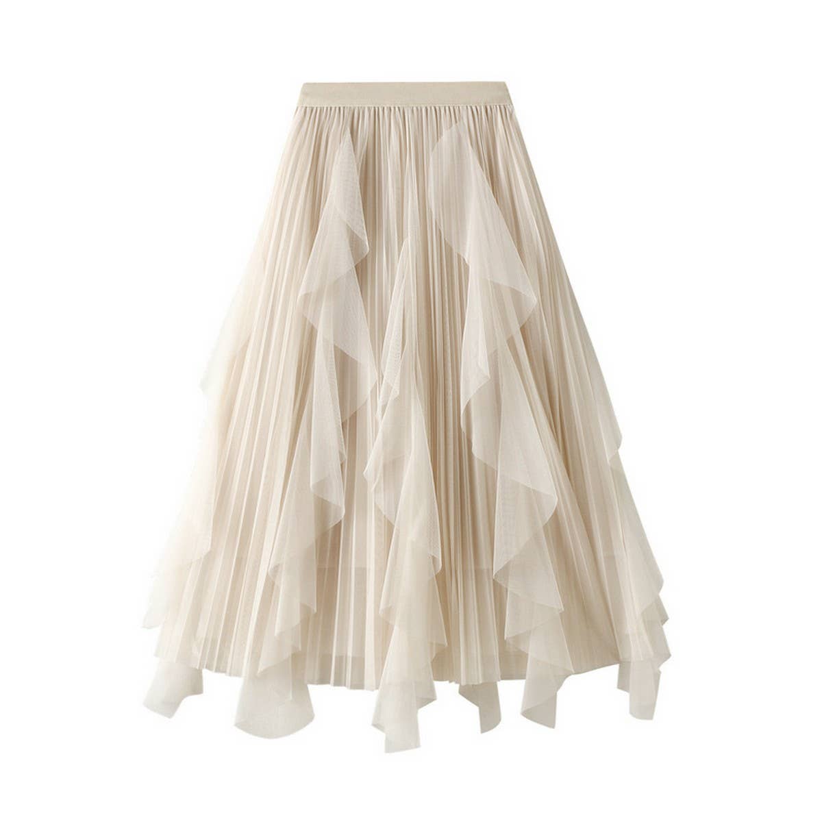 Ruffled Mesh Panel High-Waist Pleated Midi Skirt
