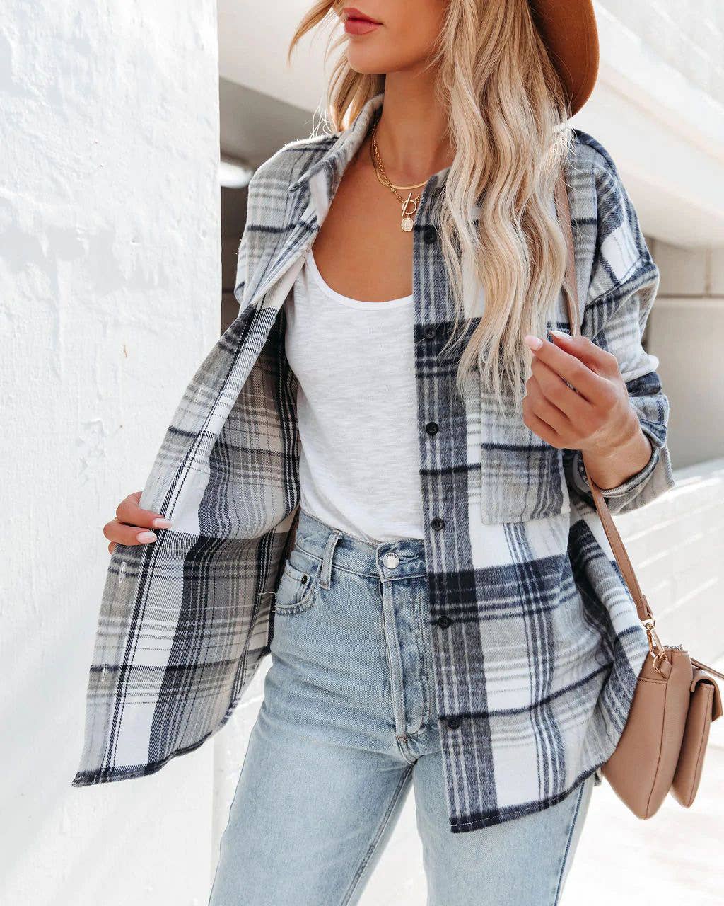 LONG SLEEVE PLAID SHIRT AND LONG WOOL COAT