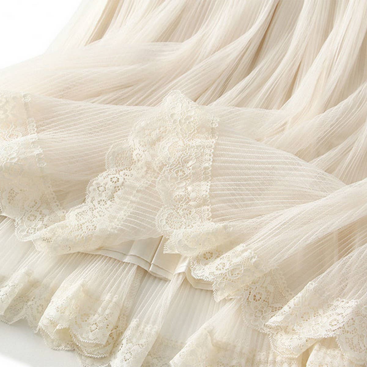 Tulle Lace Trim Pleated Cake Fairy Maxi Skirt