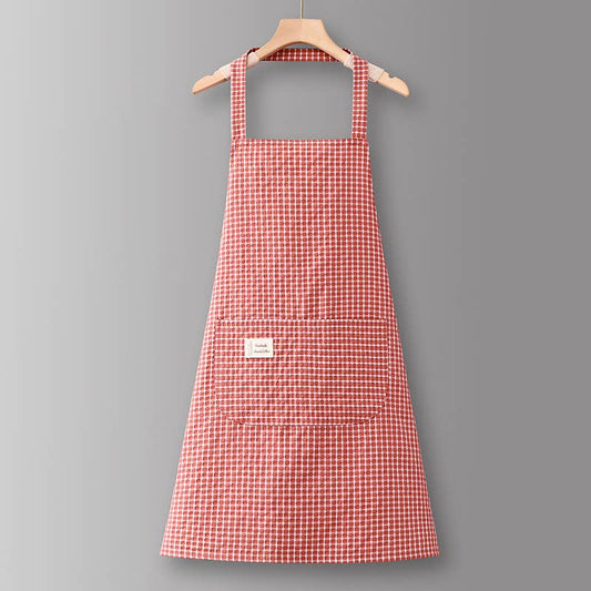 Cotton Striped Grid Kitchen Apron with Pocket