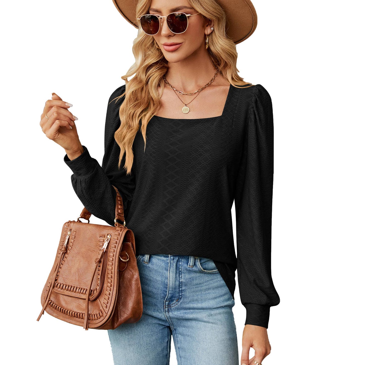 SQUARE COLLAR JACQUARD LONG-SLEEVED LOOSE T-SHIRT