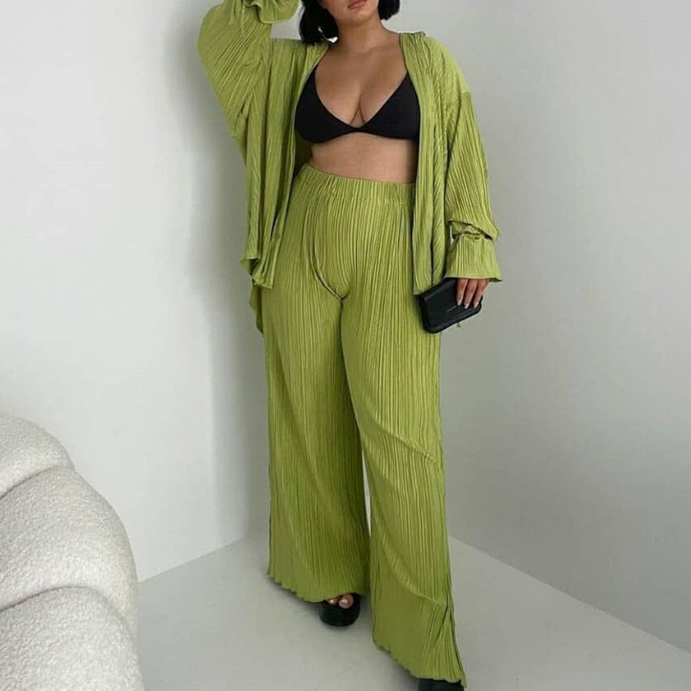 Fashion Pleated Shirt with Split Long Sleeve Set