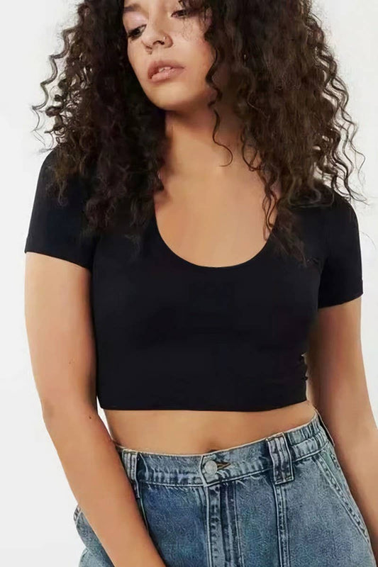 Cwtts1347_U-Neck Short-Sleeved Slim Fit Navel-Baring Top