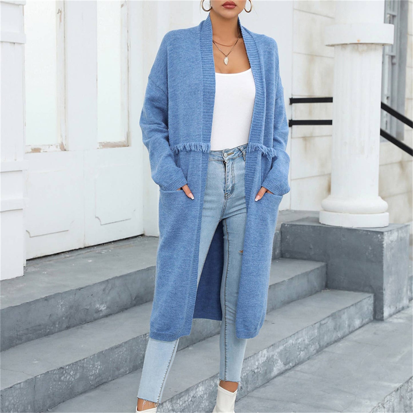 LONG CARDIGAN POCKET STYLE FRINGE COAT SWEATER