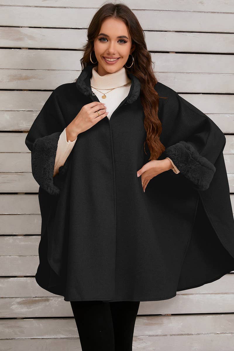 CWOCO0950_SOLID COLOR FUR COLLAR CAPE COAT