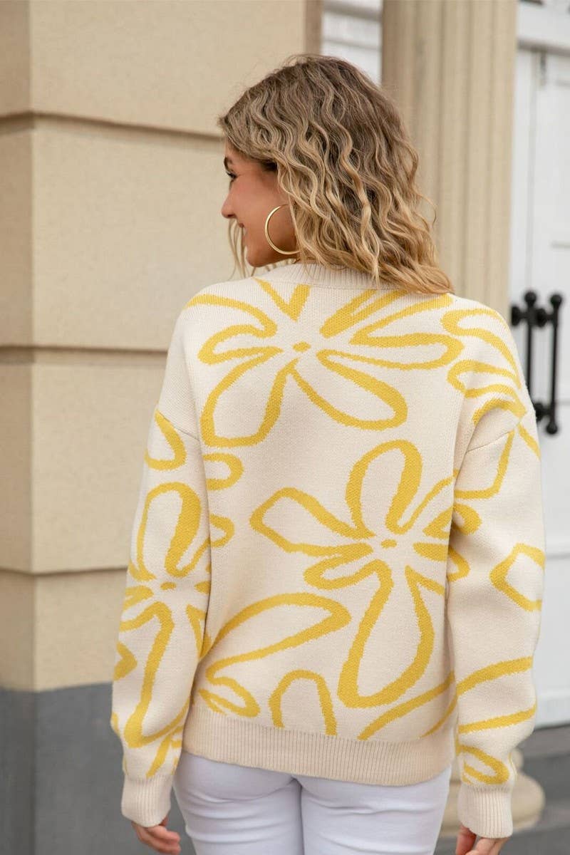 CWOSWL07602_FLORAL COLORBLOCK CREWNECK LOOSE KNIT SWEATER