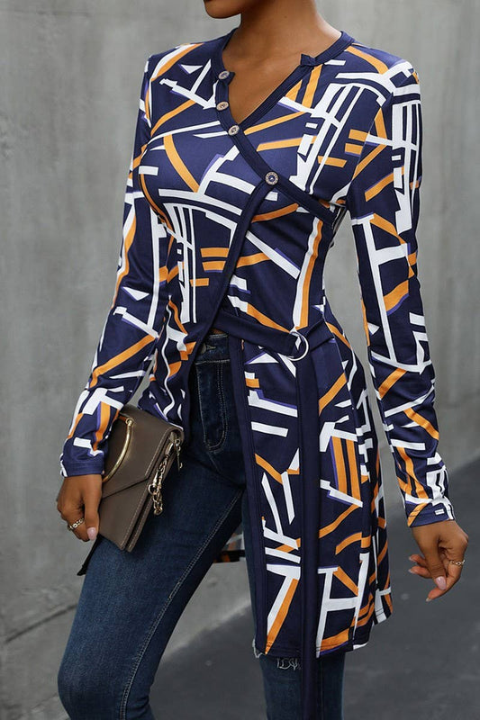 Cwttl1968_Summer V-Neck Slim Fit Geometric Pattern Slit Top