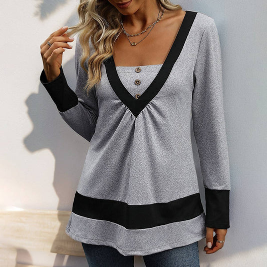 SIMPLE SOLID COLOR V-NECK LONG SLEEVE T-SHIRT