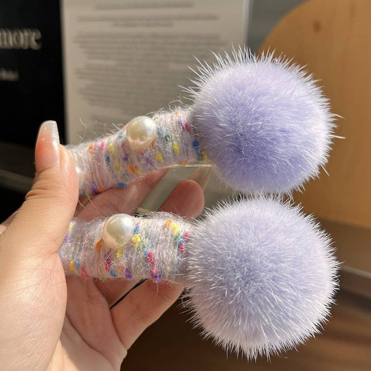 Fuzzy Mink Fur Ball Hair Clip, Winter Duckbill Pin