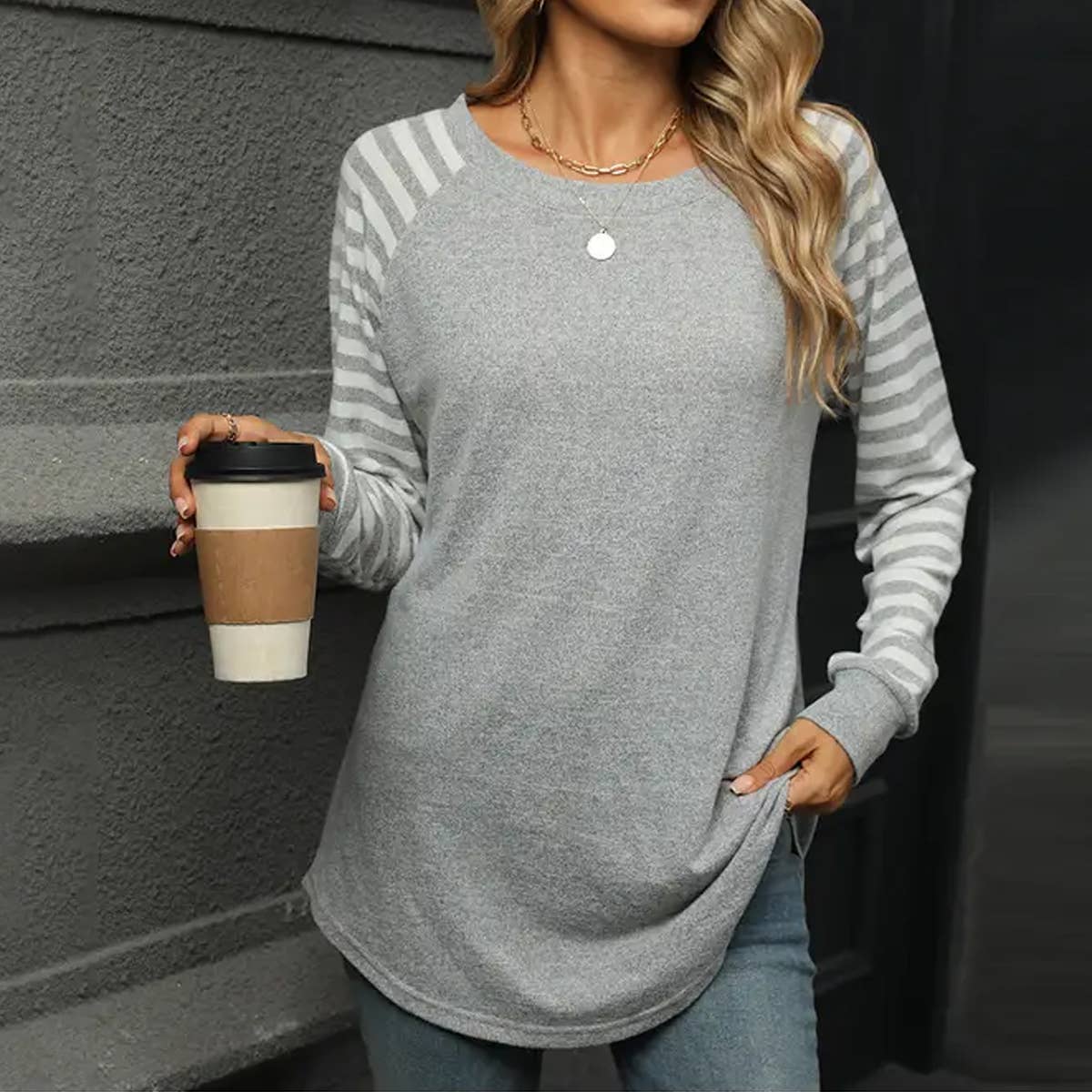 STRIPED PATCHWORK CREW NECK LONG SLEEVE T-SHIRT