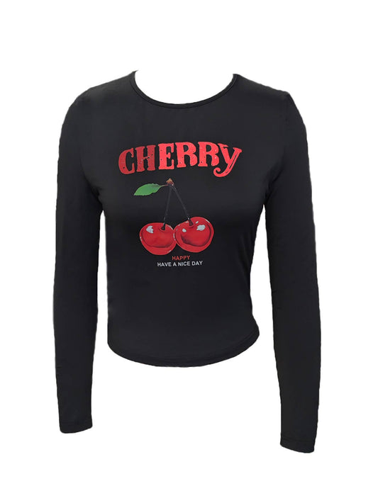 ROUND NECK CHERRY PRINT LONG SLEEVE T-SHIRT