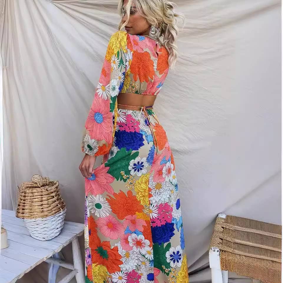 Round-neck lantern sleeve waist-cinching dress