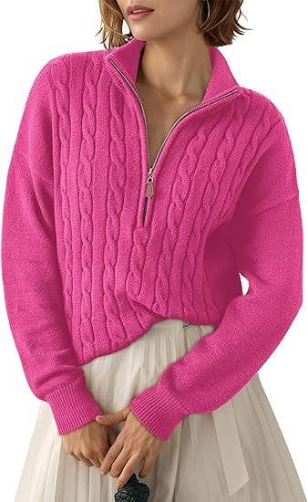 Semi-high neck zipper ribbed twist knit sweater