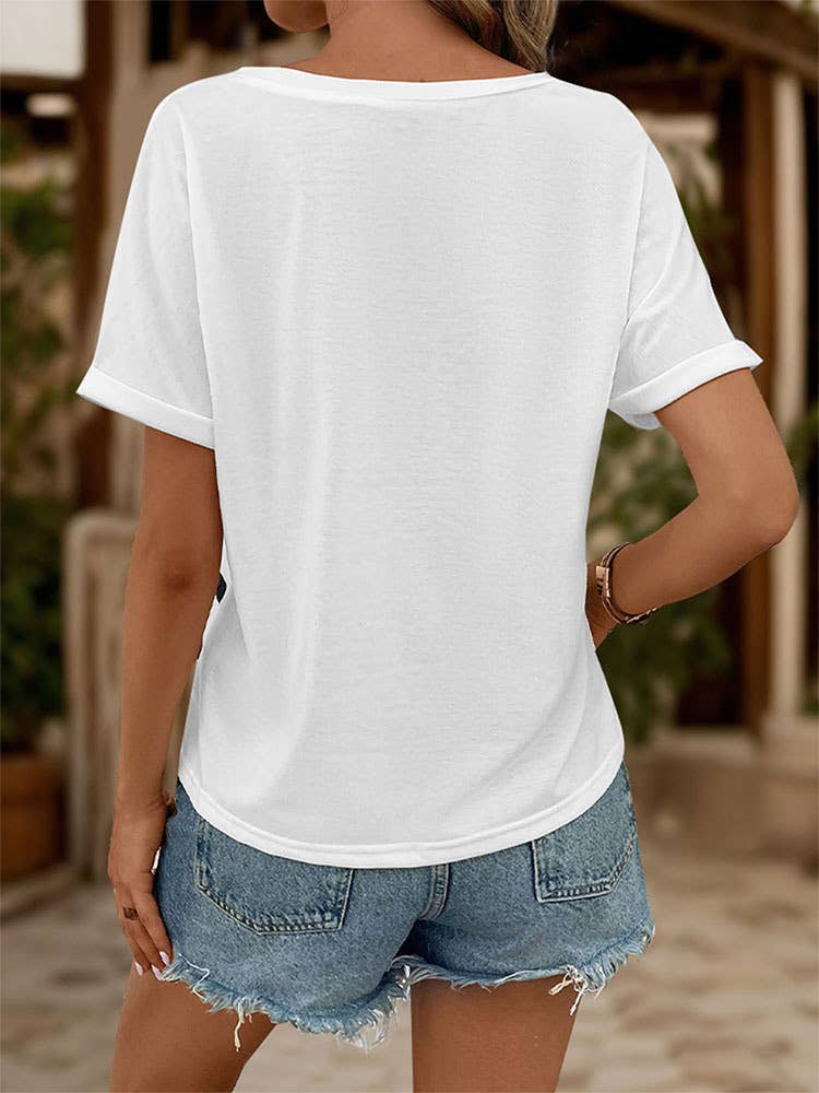 V-NECK SHORT SLEEVE STRIPED T-SHIRT WITH SHOULDER