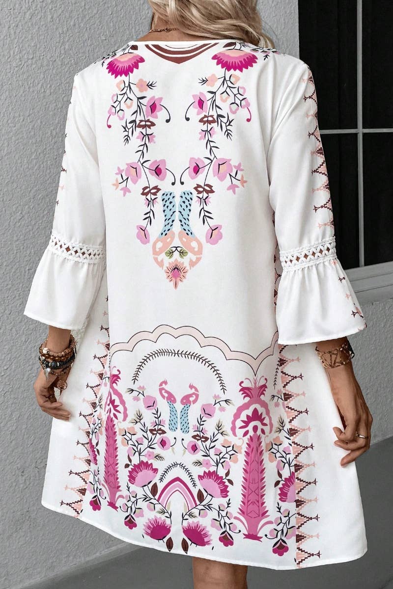 CWDSD4861_SUMMER CASUAL V-NECK LACE PATCHWORK PRINT DRESS