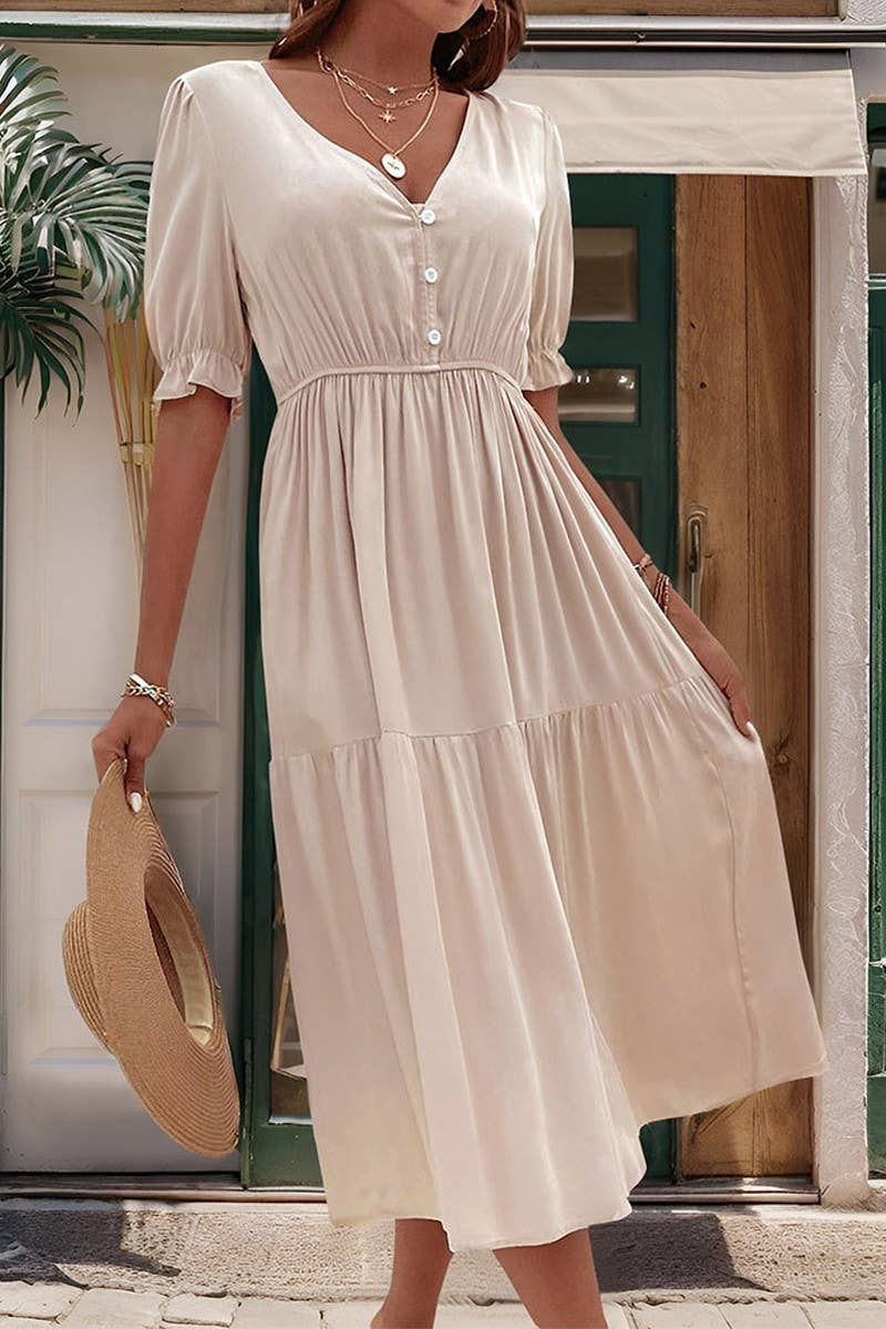 CWDMD2513_WAIST V-NECK SOLID COLOR DRESS