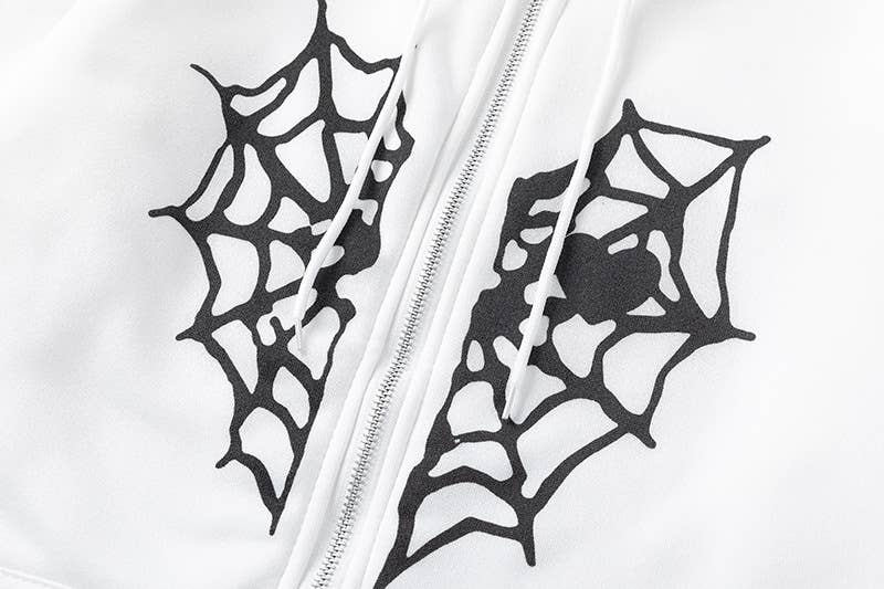 SPIDER WEB HEART ZIPPER FLEECE HOODED CARDIGAN