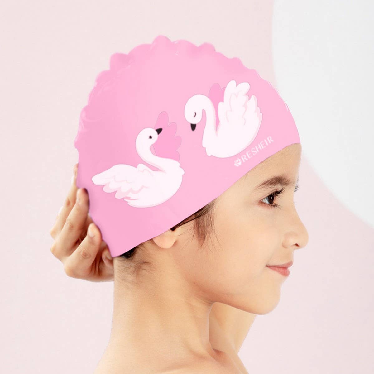 Kids Silicone Swim Cap - Cute Swan Print for Girls