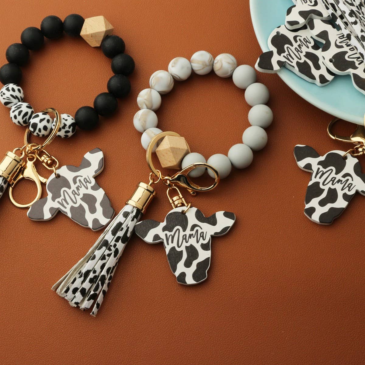 Western Bull Head Keychain Silicone Bead Bracelet_CWAB5027