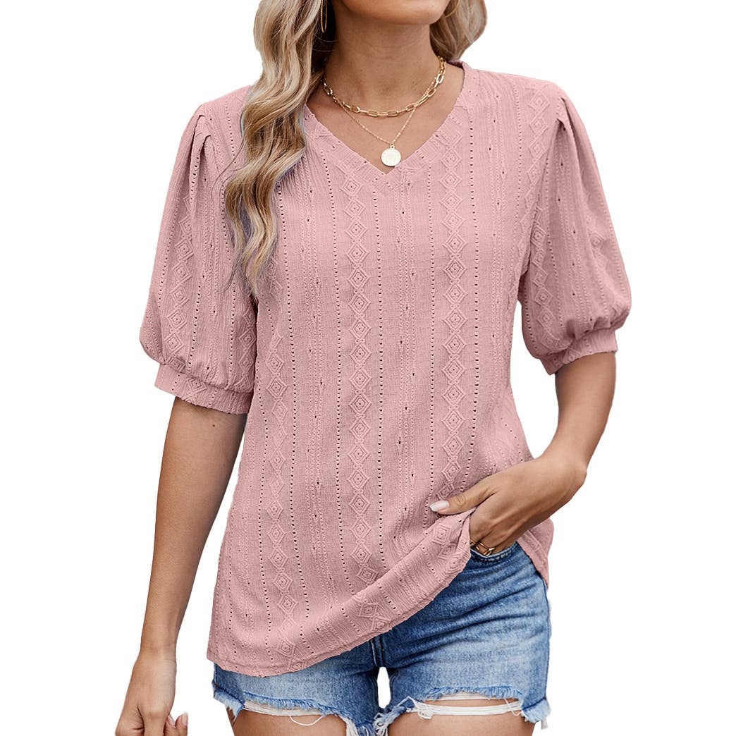 Solid color V-neck cutout puffy sleeve T-shirt