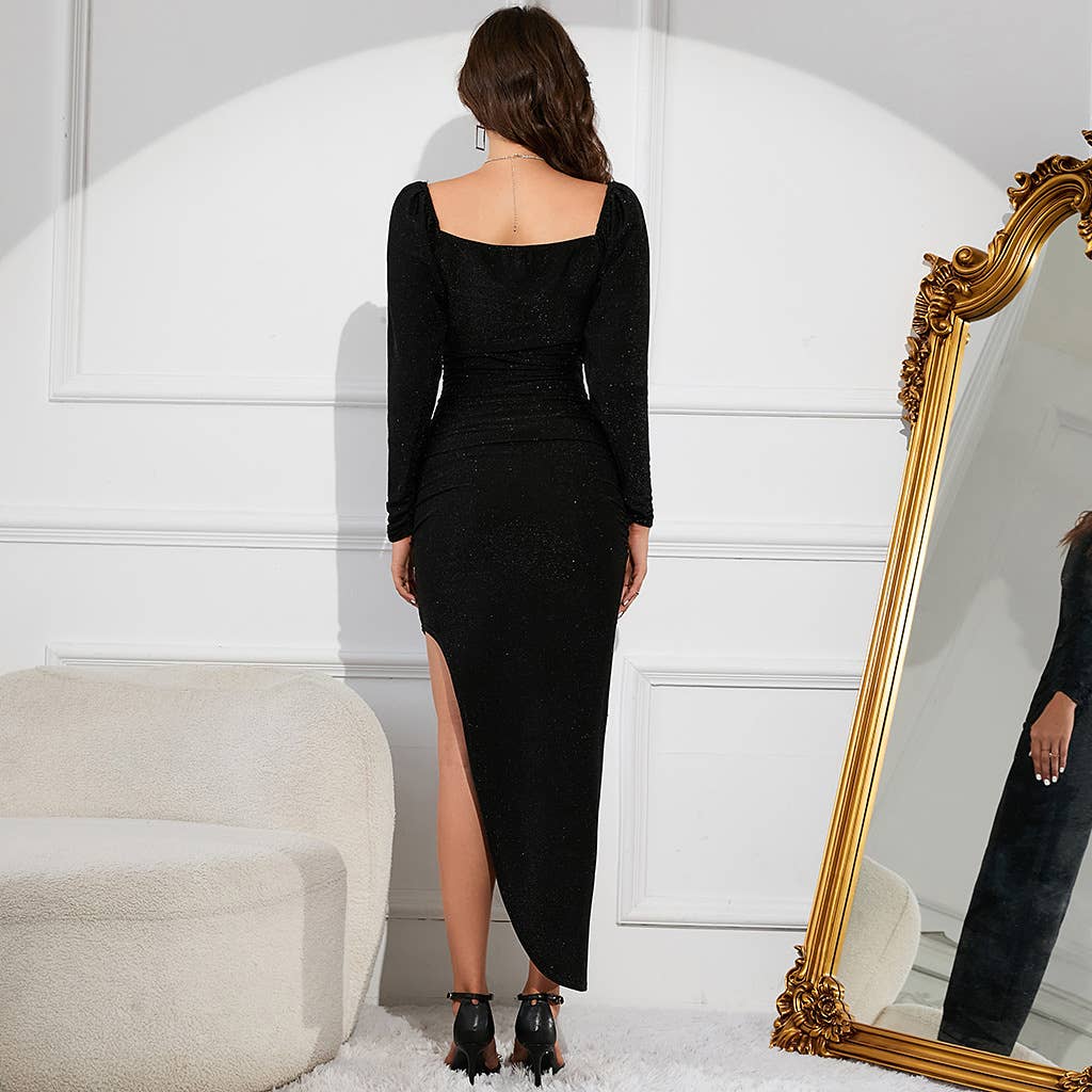 LONG SLEEVE BRIGHT SILK SEXY DEEP V-NECK DRESS