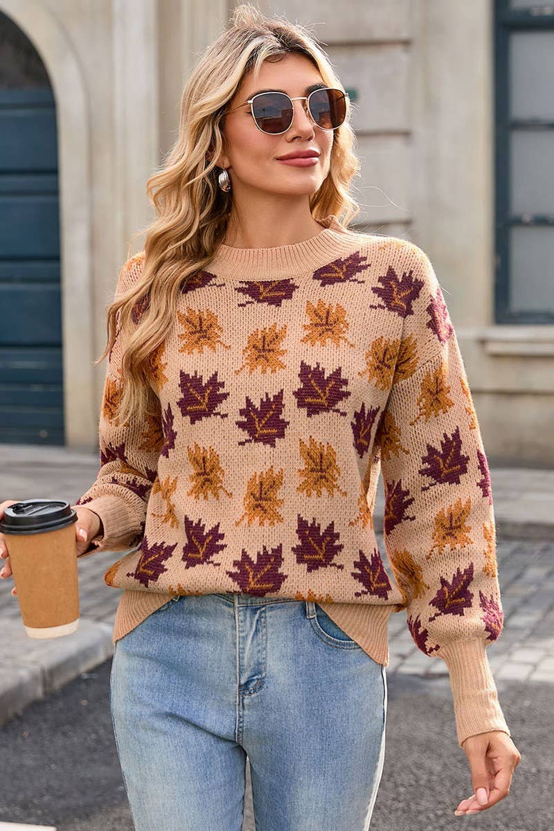 CWOSWL07299_CASUAL CREWNECK JACQUARD KNIT SWEATER WITH LEAF