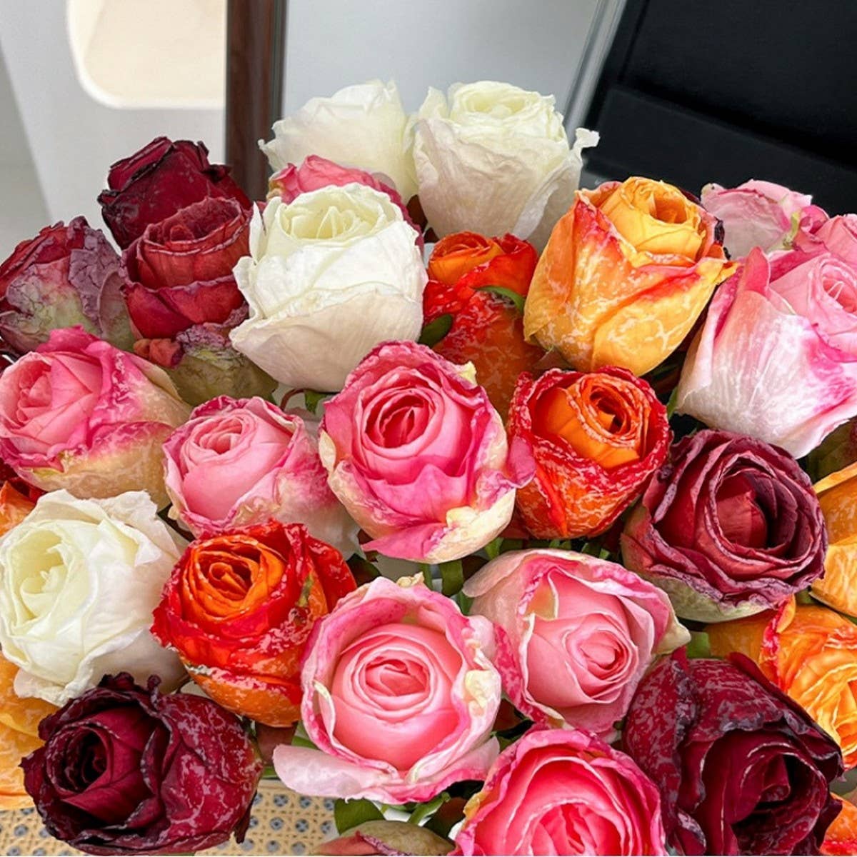 Vintage Burnt Edge Rose Faux Flower Bouquet