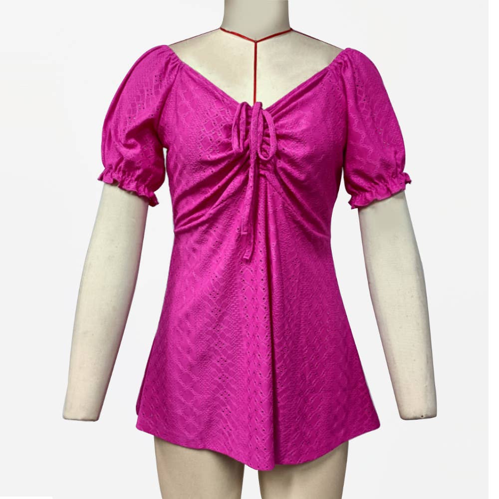 Solid color drawstring V-neck casual T-shirt