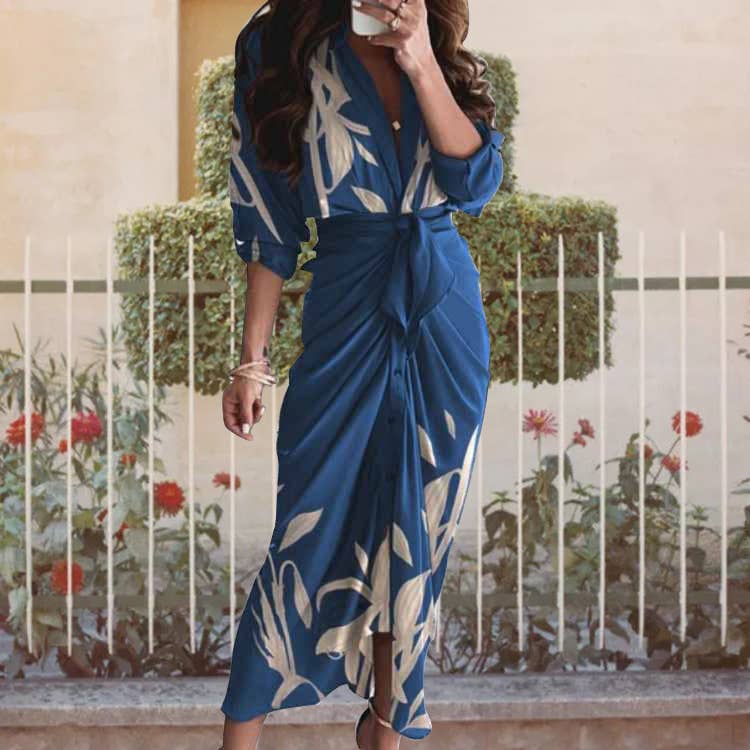 V-neck button-up long-sleeved shirt dress