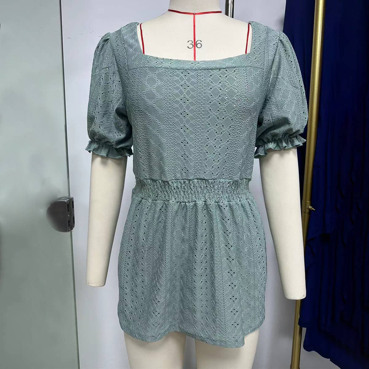 Square neckline pleated slim waist loose T-shirt