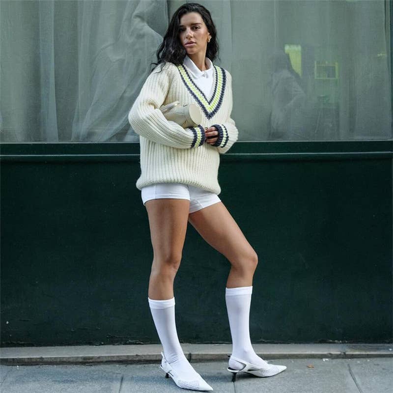 V-NECK LOOSE FASHION CONTRAST CASUAL KNITWEAR