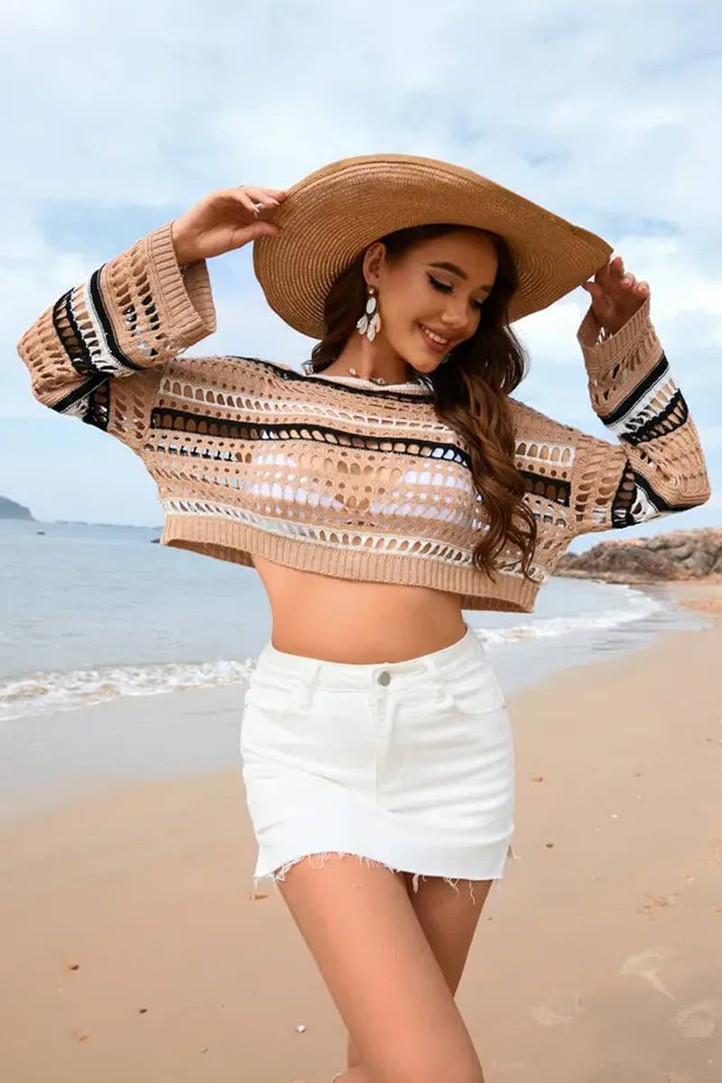 CWTTL1992_CUT-OUT STRIPE PANEL BIKINI BEACH COVER-UP