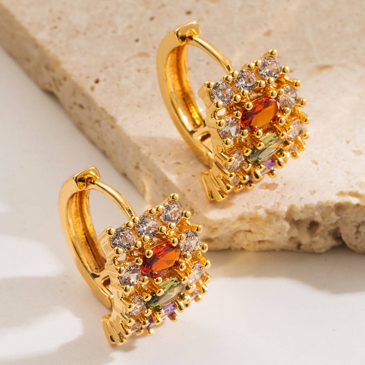 Colorful CZ Hollow Hoop Earrings Gold-Plated Brass