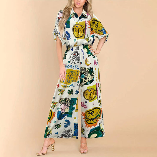PRINTED SHIRT WIDE-LEG PANTS TWO-PIECE SET