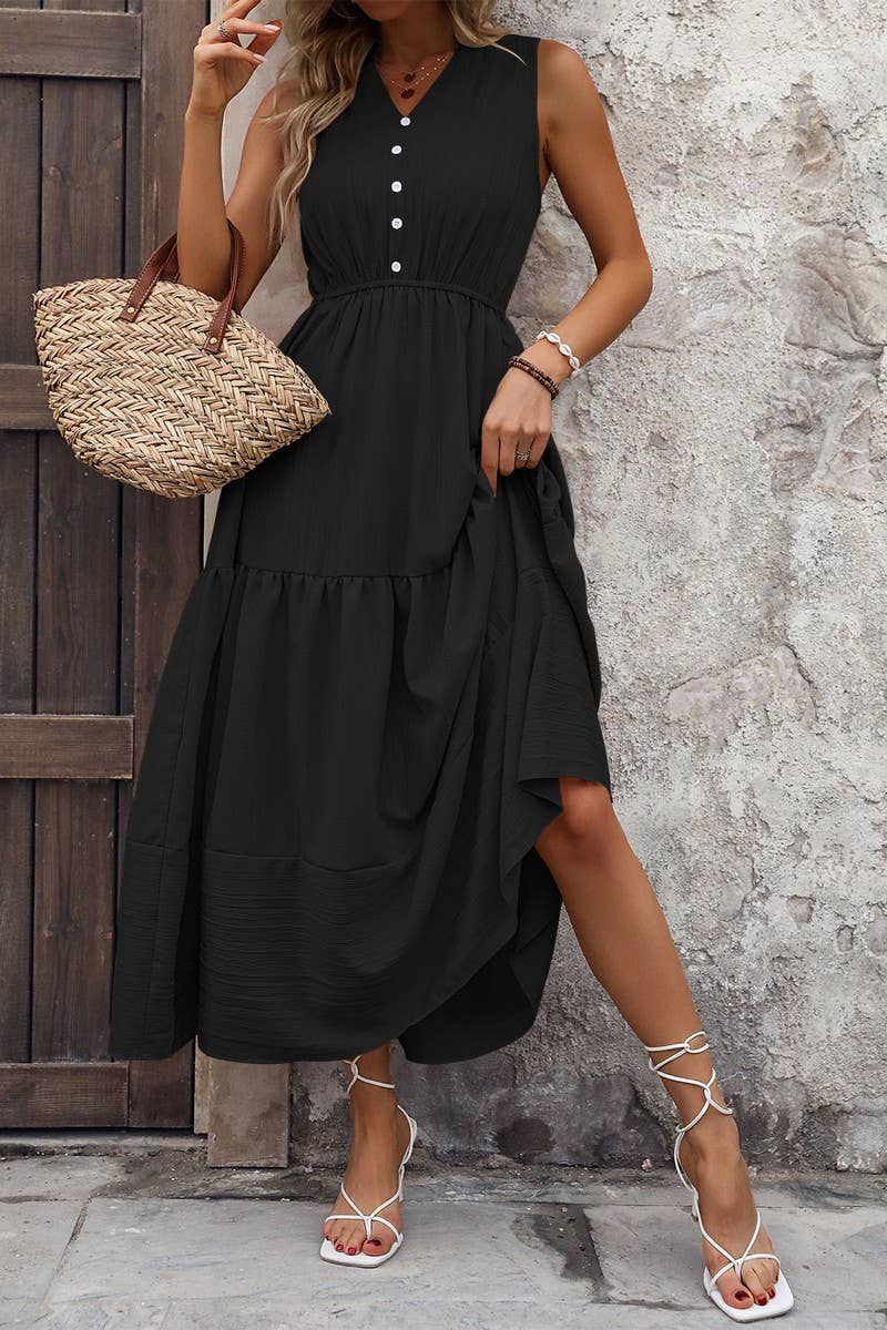 CWDMD5280_V-NECK SOLID SLEEVELESS STAND COLLAR A-LINE DRESS