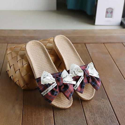 Fashion Linen Bow Slippers with Thick Sole_CWSHF0183