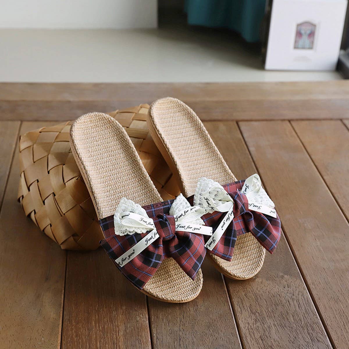 Fashion Linen Bow Slippers with Thick Sole_CWSHF0183