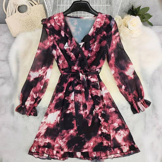 Printed Bohemian-style long-sleeved short dress