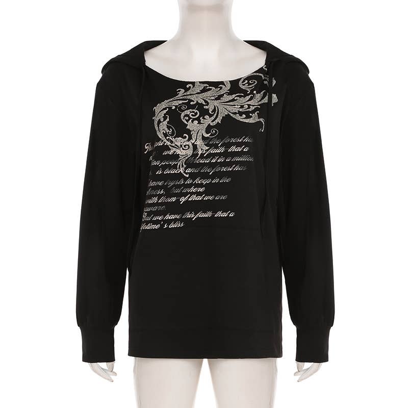 VINTAGE PRINT LOOSE PULLOVER LONG-SLEEVED HOODIE