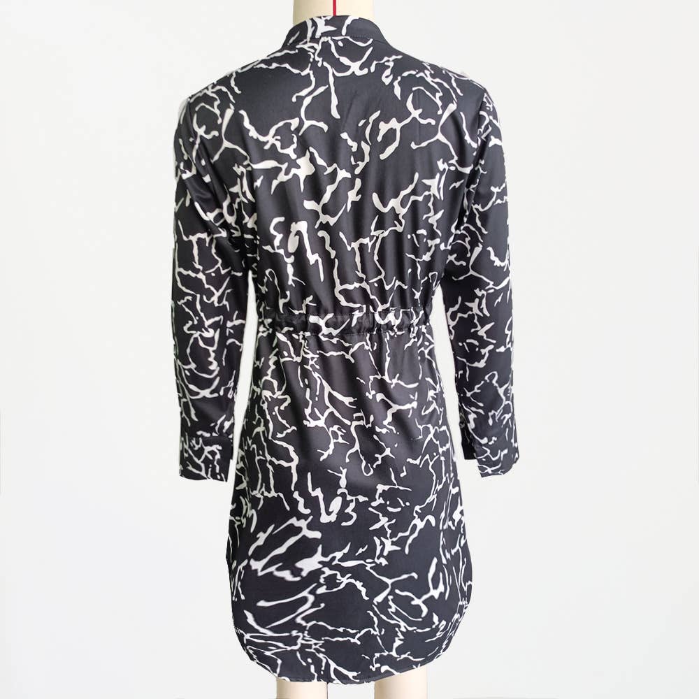 LONG-SLEEVED PRINTED SHIRT DRESS WITH WAIST STRAP