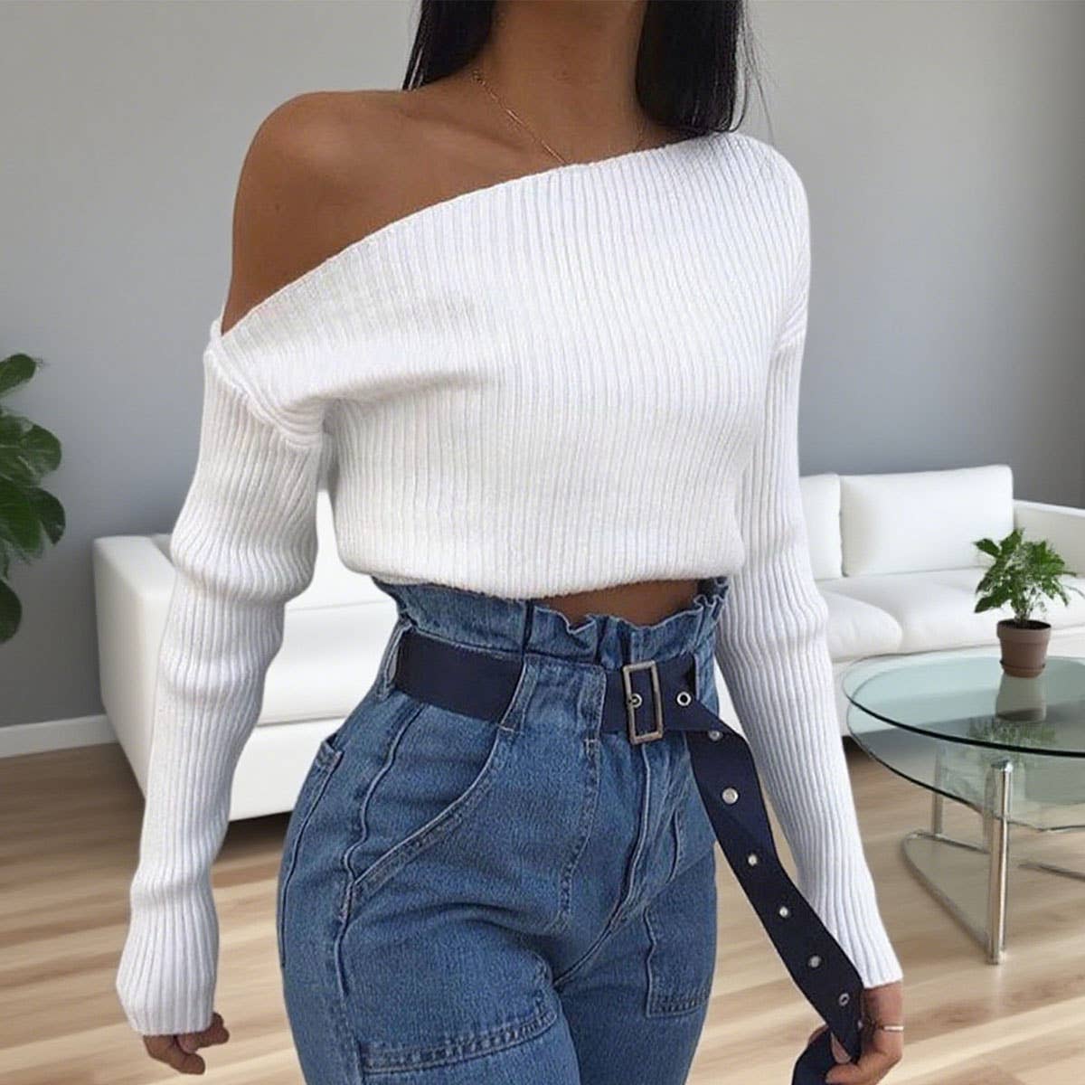 Off-The-Shoulder Solid-Color Knitted Sweater_Cwoswl07110