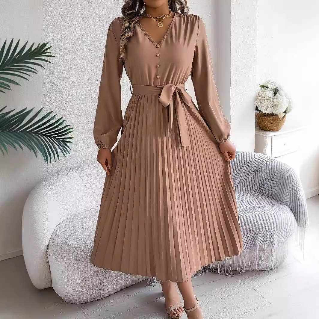 V-NECK BUTTON-UP LONG PLEATED DRESS