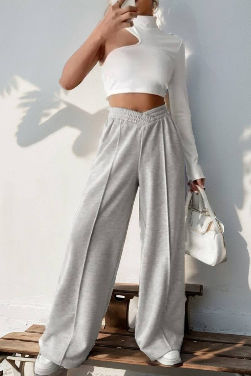 CWBLP1356_CASUAL ELASTIC V-NECK HIGH WAIST WIDE LEG PANTS