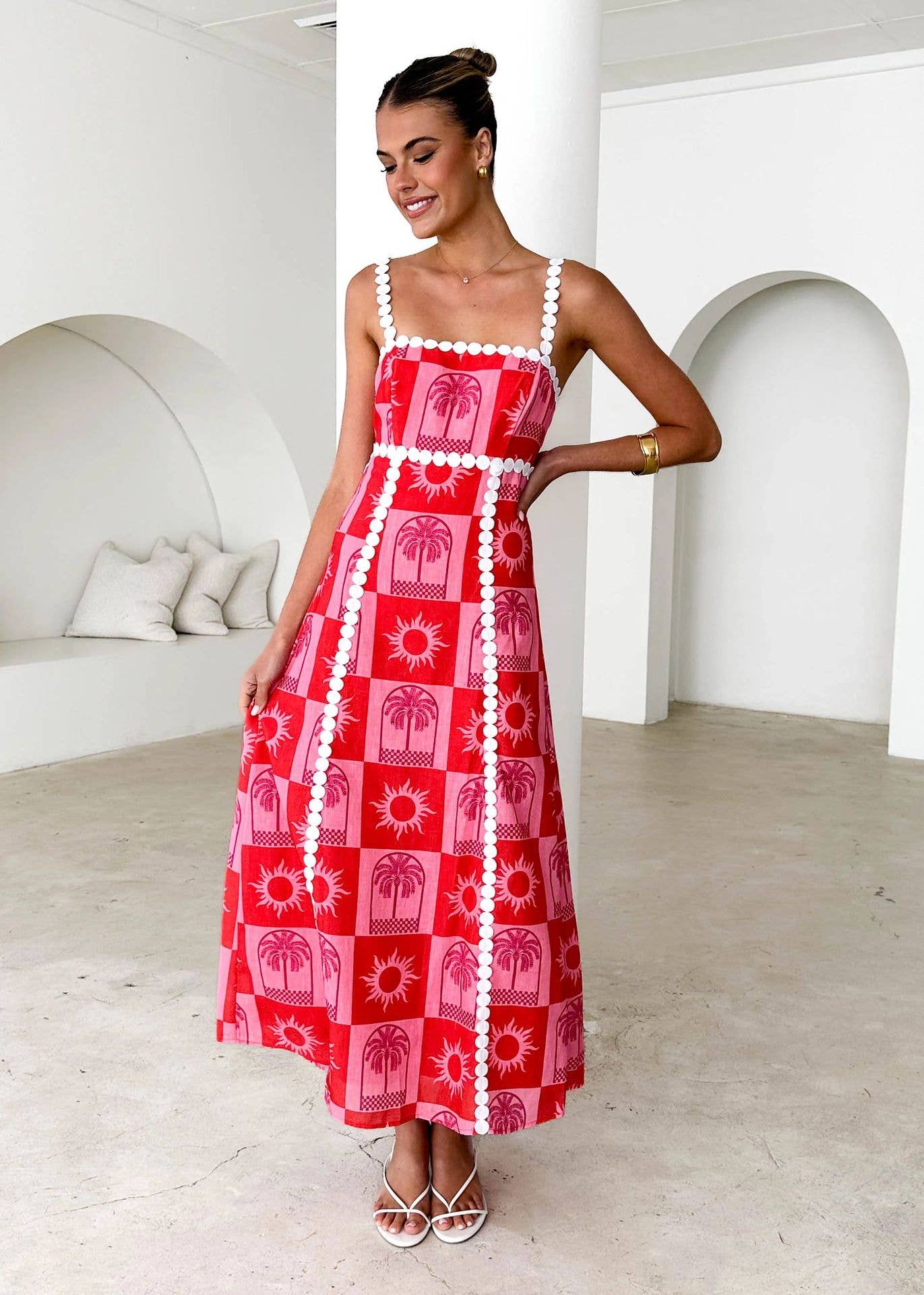 Line collar lace print fashion long halter dress