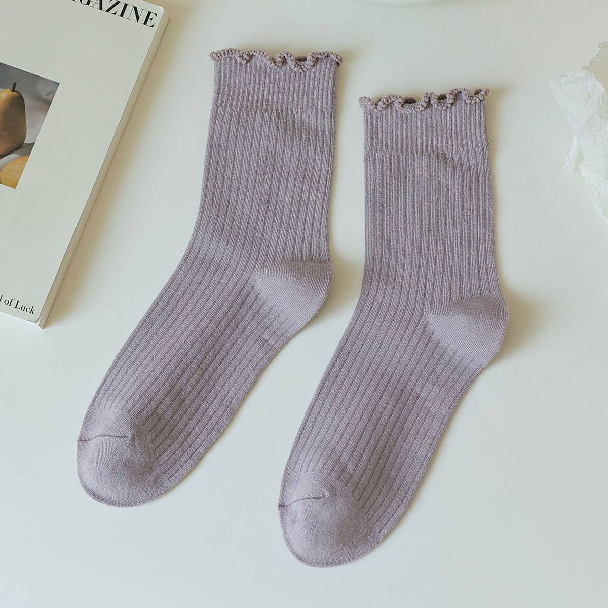 Ruffle Solid Crew Socks for Womens