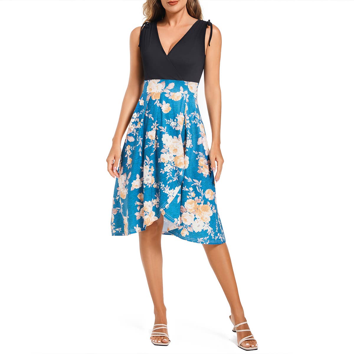 VEST KNIT PATCHWORK SPLIT PRINT DRESS