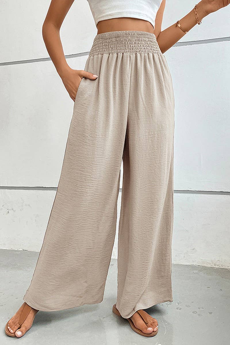 CWBLP00931_HIGH WAIST SOLID ELASTIC WIDE LEG CASUAL PANTS